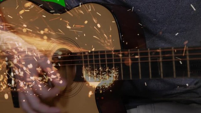 Right hand moving and strumming acoustic guitar, showing soundhole or fret spark glow raising tone