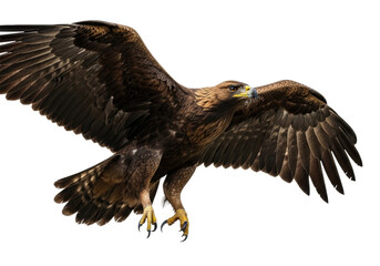 Fototapeta premium hyper-realistic golden eagle (aquila chrysaetos) in powerful flight pose, full wingspan, rim lighting on rich sepia plumage against transparent background. concept of raw power and american