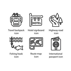 Travel backpack, Hotel signboard, Highway road, Fishing hook, Route map, International passport, icon