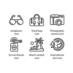 Sunglasses, Travel bag, Photography camera, Do not disturb, Beach sunbed, International tour, icon