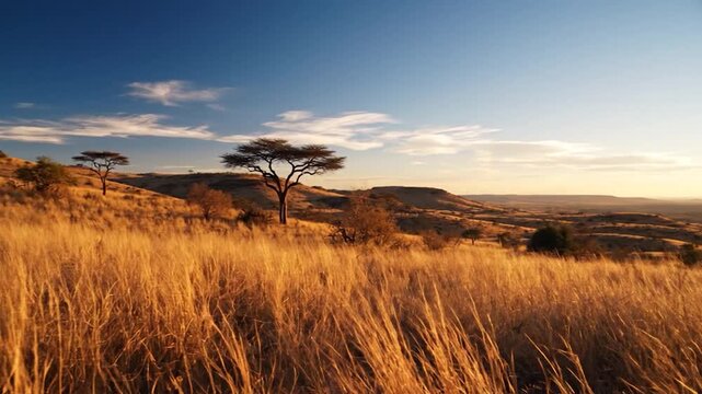 Golden sav landscape with scattered trees under a clear blue sky at sunset