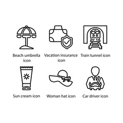 Beach umbrella, Vacation insurance, Train tunnel, Sun cream, Woman hat, Car driver, icon
