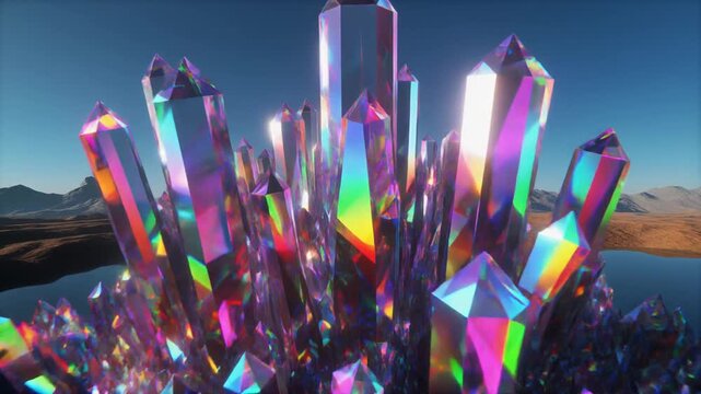 Colorful Crystals Forming in Front of a Serene Mountain Lake