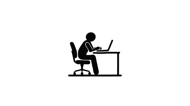 Freelancer Working Laptop Silhouette Professional Employee Typing on Office Desk Animated on White Background
