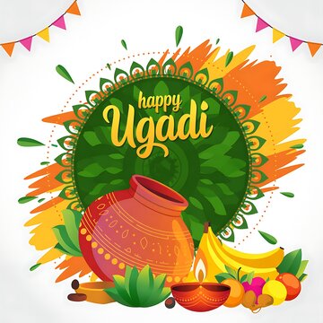 Happy ugadi festival celebration with traditional indian decorations and food