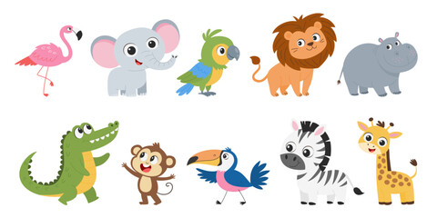 Naklejka premium Cute Jungle Animals Vector Set. Cartoon Safari Animal Characters Collection with Lion, Elephant, Giraffe, Zebra, Monkey, Crocodile, Flamingo, Parrot, Toucan and Hippo. Kids Wildlife Illustration.