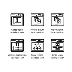 Alert popup, Picture album, Video album, Website instruction, Voice record, Email login, icon