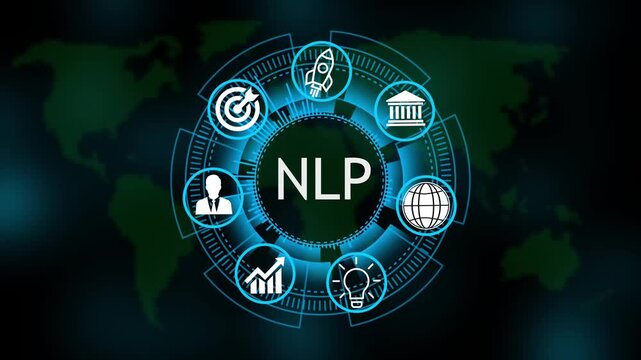 NLP System Software Automation concept on virtual screen data center. Modern Technology, Internet and social media icons 4K animation on world map 