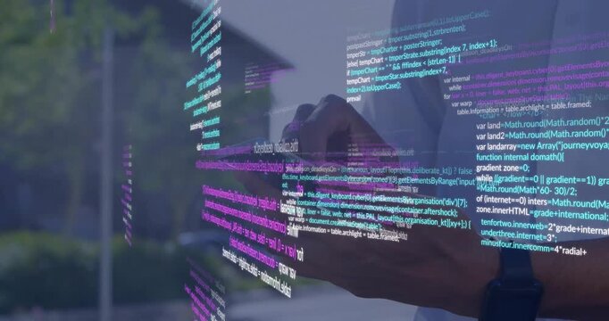 Man tapping smartphone outside causing cyan magenta code layers wrapping phone for tech demo