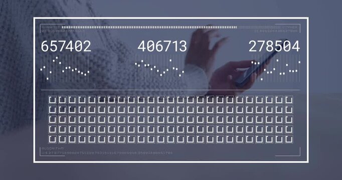 Woman tapping smartphone on pale tabletop and activating HUD analytics showing numbers and grid