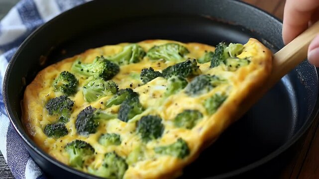 Broccoli frittata in a cast iron skillet being served with a spatula