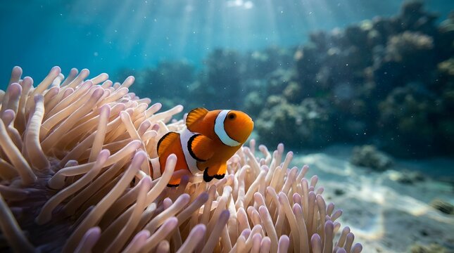 Vivid orange and white striped clownfish swims among the delicate waving tentacles of a beautiful sea anemone habitat