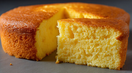ダークな背景に映える切り分けられた黄金色のスポンジケーキ
