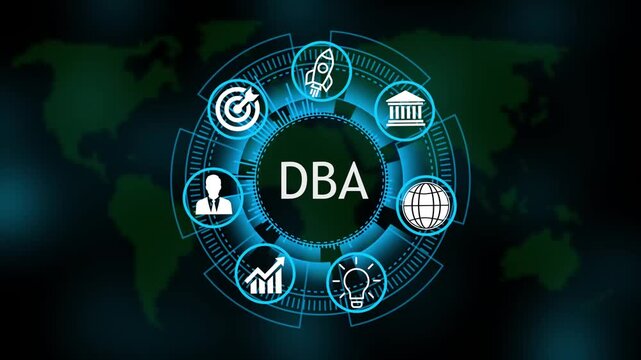 DBA System Software Automation concept on virtual screen data center. Modern Technology, Internet and social media icons 4K animation on world map 