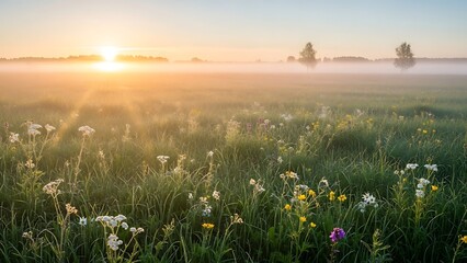 Naklejka premium Misty Sunrise Over a Vibrant Green Meadow with Wildflowers.
