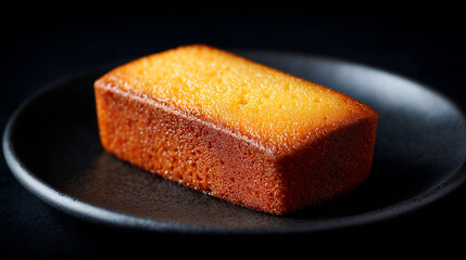 黒い皿に盛り付けられた焼きたてのシンプルなフィナンシェ