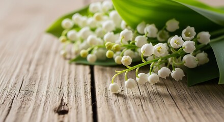 Beautiful lily of the valley bouquet for mother's day celebration with white flowers and green leaves on wooden table