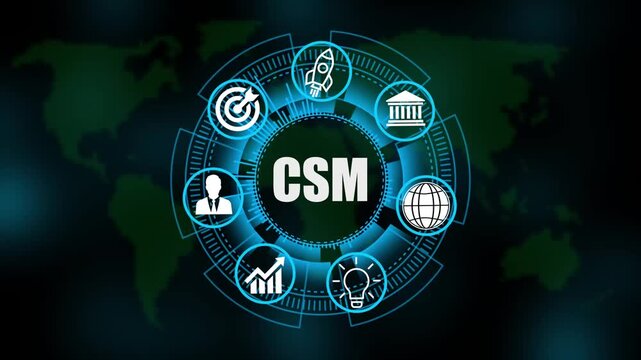 CSM System Software Automation concept on virtual screen data center. Modern Technology, Internet and social media icons 4K animation on world map 