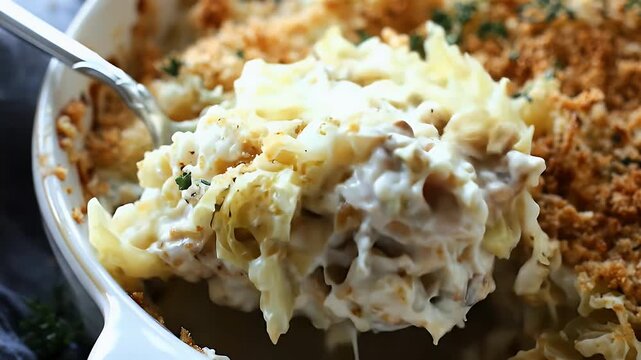 Creamy casserole with breadcrumbs and thyme, spoon scooping a portion