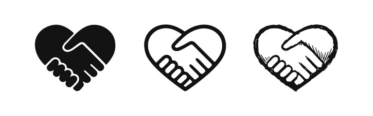 Obraz premium Handshake in heart icon set. Partnership, agreement, love, and trust symbols in multiple styles.