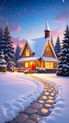 A serene snow-covered house with a lit pathway
