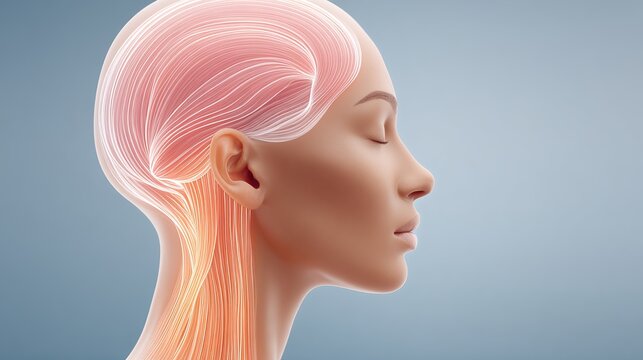 This is a 3D medical illustration with a soft gradient blue background, showing the side profile of a woman's head with her eyes closed. The muscle fiber structure of the head and neck is clearly 