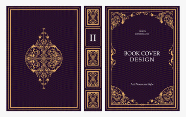 Obraz premium Classic vintage book cover and spine design with Art Deco, Baroque, Art Nouveau and Victorian ornaments. Elegant decorative frame, luxurious retro style for publications, posters and artistic layouts
