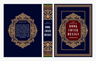 Naklejka premium Classic vintage book cover and spine design with Art Deco, Baroque, Art Nouveau and Victorian ornaments. Elegant decorative frame, luxurious retro style for publications, posters and artistic layouts
