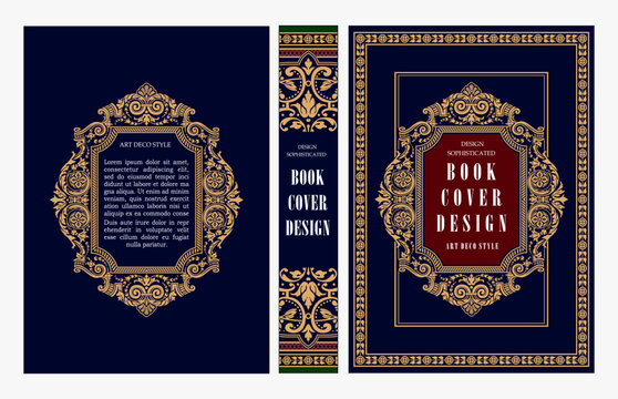 Classic vintage book cover and spine design with Art Deco, Baroque, Art Nouveau and Victorian ornaments. Elegant decorative frame, luxurious retro style for publications, posters and artistic layouts