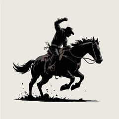 Fototapeta premium Vector Cowboy Silhouette Riding Bucking Horse in Action Holding Lasso Western Rodeo Dynamic Vintage Style
