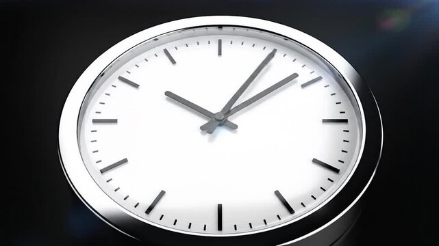Modern silver clock with a white face ticking on a dark background
