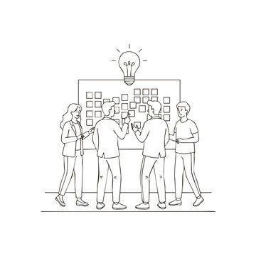 Business team brainstorming and collaborating on a project board with sticky notes and a light bulb idea symbol.