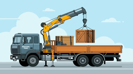 Fototapeta premium Crane truck lifting wooden crate, logistics, construction, delivery