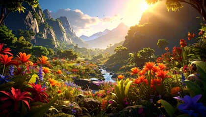 Golden Sunrise Over a Hidden Valley of Vibrant, Blooming Wildflowers
