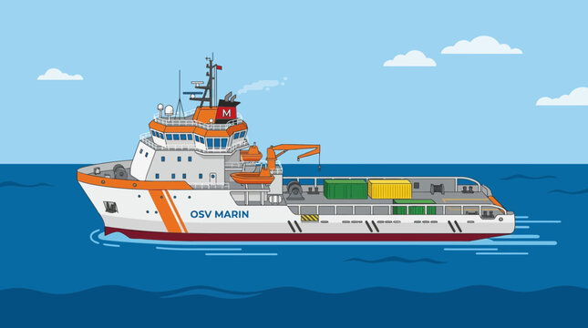 Offshore support vessel OSV Marin in blue ocean, illustration