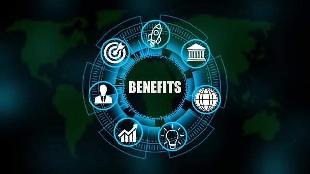 benefits System Software Automation concept on virtual screen data center. Modern Technology, Internet and social media icons 4K animation on world map 