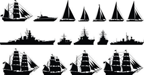 Ship silhouettes collection featuring sailing vessels, yachts, naval warships, and historical tall ships for maritime vector illustration and design projects © MdNur