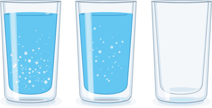 Glass cups with water bubbles and empty transparent drinking glasses beverage container flat vector illustration set