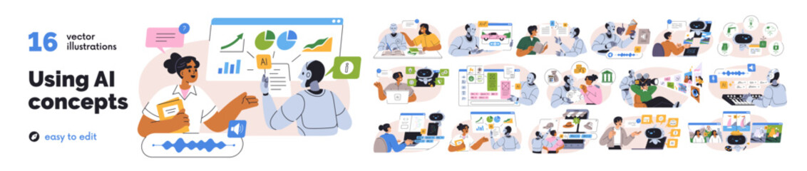 Fototapeta na wymiar AI automation set. Artificial intelligence, neural network, digital technology. Robot, chatbot assistants for analytics, generative content. Flat vector illustration isolated on white background