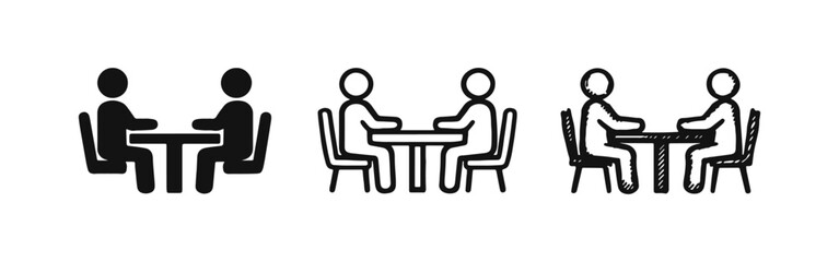 Two people sitting at a table icon set, representing meeting, discussion, interview, or conversation.