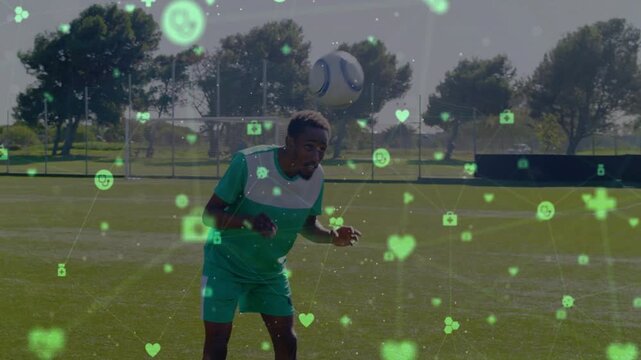 Soccer player tracking ball from right heading bringing ball to feet for control, health overlay
