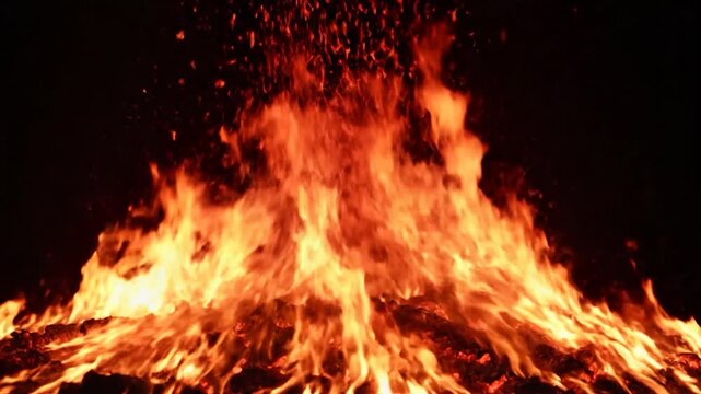 Bright orange and red flames burn intensely with sparks flying upwards