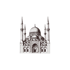 Fototapeta premium Vintage engraving style illustration of a grand mosque with majestic domes and tall minarets
