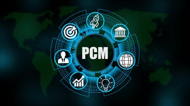 PCM System Software Automation concept on virtual screen data center. Modern Technology, Internet and social media icons 4K animation on world map 