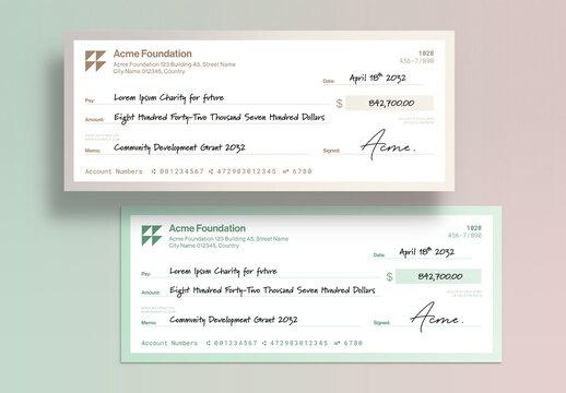 Blank Check Template, Bank Cheque Layout for Business Payments, Award Donation Presentations