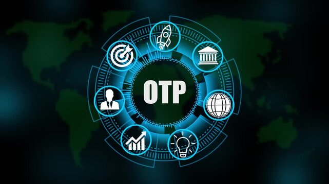 OTP System Software Automation concept on virtual screen data center. Modern Technology, Internet and social media icons 4K animation on world map 