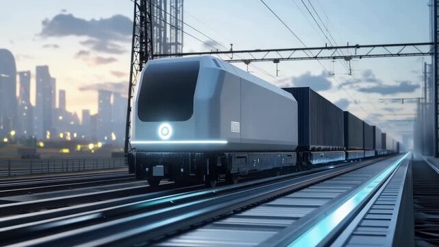 Modern Freight Train in Urban Landscape: A sleek, modern freight train traverses a railway, its metallic form contrasting against the urban skyline during dusk, representing transport and commerce. 