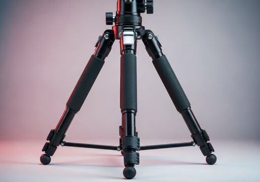 Professional grade black photography tripod with adjustable legs and locking mechanisms, designed for stable remote shooting, duty, tool, video