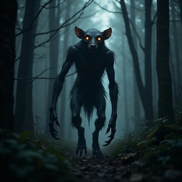 The image shows an artistic interpretation of a creature known as a chupacabra or cryptid