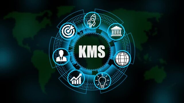 KMS System Software Automation concept on virtual screen data center. Modern Technology, Internet and social media icons 4K animation on world map 